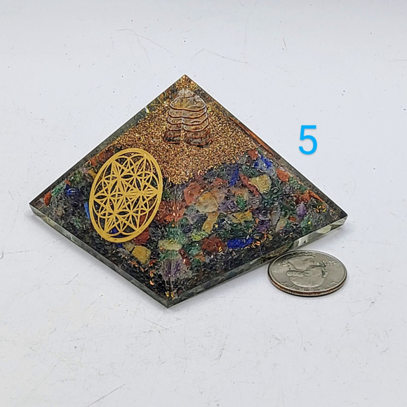 Mixed Gemstone Orgonite Pyramid with Golden Flower of Life Symbol Meditation - Picture 2 of 3